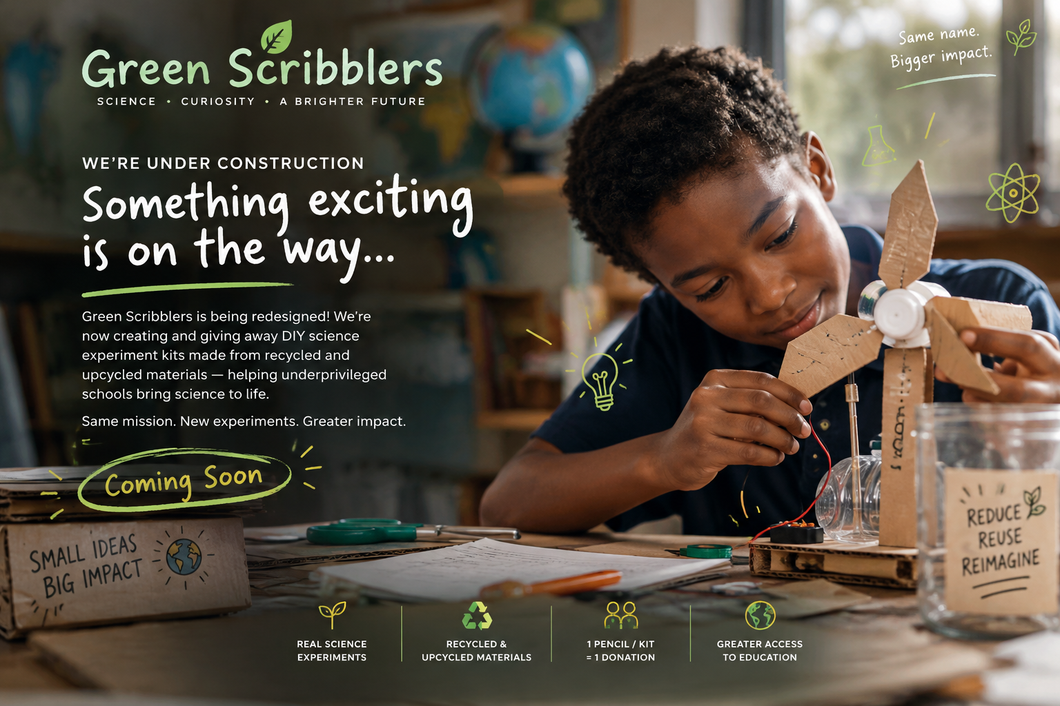 Green Scribblers - something exciting is on the way. A boy building a windmill from recycled cardboard and a plastic bottle.
